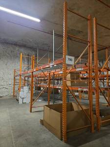 lot 4357 image: Pallet Racking System w Orange Steel Uprights & Beams