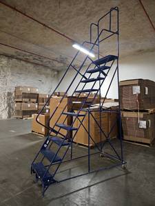 lot 4373 image: 10 Step - Mobile Work Platform Ladder w LED Light 300 LBS Capacity