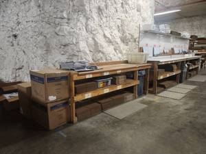 lot 14794 image: Wooden WorkStation Shelving with Cardboard Storage