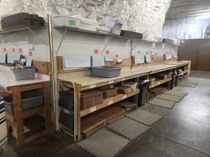 lot 14795 image: Work Table w Storage Shelving &amp Accessories