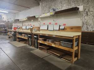 lot 14798 image: Industrial Worktables w Storage Shelving - Contents Included