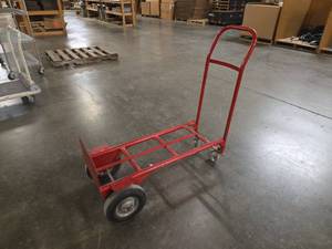 lot 14833 image: Red Steel Hand Truck Cart w Pneumatic Tires