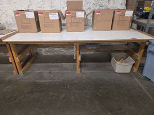 lot 18618 image: Industrial Work Table with White Laminate Top