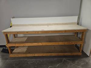 lot 21196 image: Wooden Work Bench w White Top & Storage Shelves