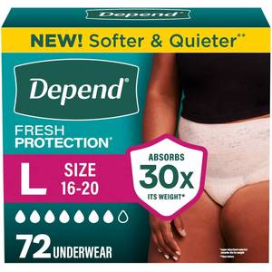 lot 259 image: Depend Fresh Protection Adult Diapers for Women, Large, 72 Count - Retail $51