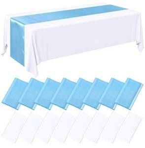 lot 265 image: Tudomro 16 Pcs Light Blue White Disposable Plastic Tablecloths and Satin Table Runner Set 54 x 108 Inch Tablecloth 12 x 108 Inch Table Runners for Wedding Graduation Pool Party Baby Shower Birthday - Retail $0