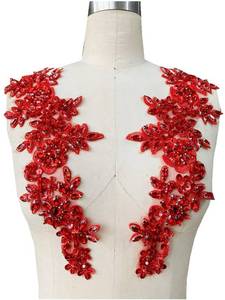 lot 280 image: Zbroh Handmade redWhiteGreenBlue Rhinestones Applique Sewing Beads Stones Trim lace Patches Accessory for Dress Clothes one Pair (Red) - Retail $29