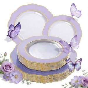 lot 303 image: WDF 60pcs Clear Purple Plates Disposable with Gold Rim - Baroque Lavender Purple Plastic Plates for PartyWeddingBridal Shower - Retail $44