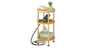 lot 309 image: 3-Tier Bamboo Round Side Table with Charging Station, Small Round Bamboo End Table with USB Ports & Power Outlets - Corner Table Sofa End Table for Living Room, Bedroom (with Outlet, Natural) - Retail $0