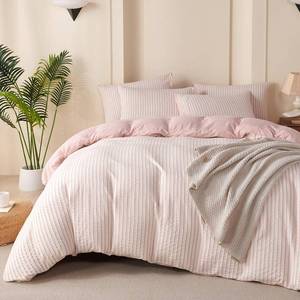 lot 313 image: Striped Duvet Cover Set Queen Pink Washed Microfiber Jacquard 3 Pieces Bedding Set, White Pink Vertical Ticking Stripes Pattern Comforter Cover with Zipper Closure Breathable Durable Soft Comfy - Retail $40