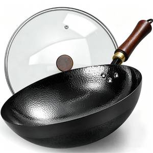 lot 317 image: UMETRE Carbon Steel Wok Pan, 12.6-Inch Nonstick Pre-Seasoned Woks & Stir-Fry Pans with Glass Lid, No Chemical Coated Wok Round Bottom Hand Hammered Chinese Wok for Gas Stoves - Retail $25