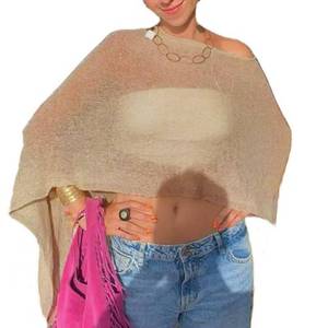 lot 331 image: Women Sheer Poncho Top Crochet Lightweight Shawl Beach Cover Up Rave Festival Vacation Outfits Summer Going Out Tops Light Brown - Retail $15