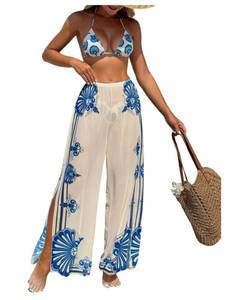 lot 346 image: SHENHE Womens 3 Piece Swimsuits with Pants Triangle Halter Bikini Set Blue XL - Retail $37