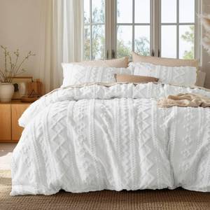 lot 347 image: Bedsure Boho Cal King Duvet Cover, Tufted Embroidery, 3-Piece, White - Retail $70