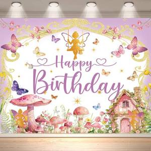 lot 372 image: 8x6ft Pink Fairy Happy Birthday Backdrop for Girls, Butterfly Mushroom Garden Princess Party Decorations Banner, Gold Glitter Fairy Tale Birthday Background, Kids Photo Booth Photography Props - Retail $20
