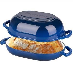 lot 417 image: VORRINGARD Enameled Cast Iron Sourdough Bread Oven, Dutch Oven, Loaf Cast Iron Bread Pan for Homemade Bread Baking, Meatloaf Pan with Lid, 7QT, Blue - Retail $70