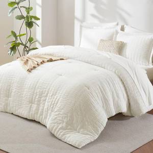 lot 424 image: CozyLux Full Size Comforter Sets, 7 Pieces Ivory Seersucker Bed in a Bag - Retail $65