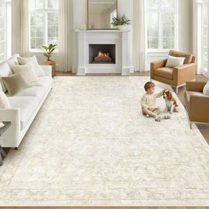 lot 431 image: 8x10 Area Rugs for Living Room Washable Large Vintage Floral Rug Low Pile Non-Slip Boho Carpet for Bedroom Dining Home Office (Beige, 8x10) - Retail $62