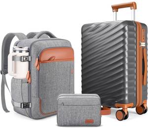 lot 433 image: Velaybor 3 Piece Luggage Set with Travel Backpack, 20 PC Hardside Suitcase with Spinner Wheels, Flight Approved Carry On Luggage with YKK Zippers & TSA Lock - Retail $70
