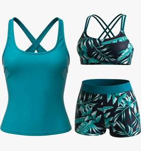 lot 442 image: 3 Piece Tankini Swimsuits for Women with Shorts Racerback Sporty TankiniModest Bathing Suit with Boy Shorts, Tropical Print, Athletic Style, Crisscross Back, Quick-drying, Beach Swimming Pool L - Retail $0