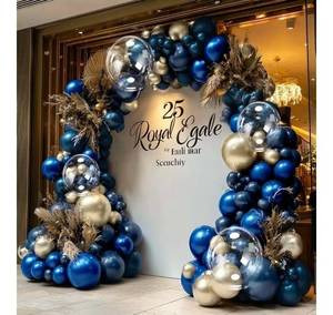 lot 457 image: Royal Blue Gold Balloon Arch Double Stuffed Latex Bobo Pearl Gold Balloon Garland Navy Ruby Blue Balloons for Birthday Baby Shower Graduation Wedding Prom Business Opening Party Decor - Retail $0