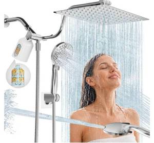lot 467 image: Filtered Shower Head with Handheld, 11.8 Rain Shower Head, High Pressure10-Function Spray Options, Adjustable Extension Arm, Secure Adhesive Holder, Easy Installation, Stainless Steel  Finish - Retail $60