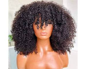 lot 473 image: Afro Kinky Curly Wig With Bangs Full Machine Made Scalp Top Wig 200 Density Brazilian Short Curly Human Hair Wigs Natural Color 14 Inch - Retail $0