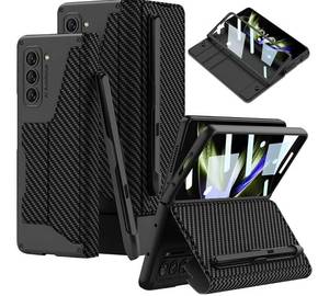 lot 494 image: for Samsung Galaxy Z Fold 5 5G Case with Fold5 Edition S-Pen Slot, Military Armor Cases Full Body Protective Anti-Scratch Hard Slim Leather Bracket Case with Screen Protector (Carbon Fibre - Retail $0