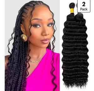 lot 510 image: 18 Inch Deep Wave Curly Braiding Hair 2 Packs Boho Hair for Braiding1B Long Ocean Wave Crochet Hair for Black Women, Synthetic Bohemian Deep Wave Braiding Hair for Boho Braids Natrual Black - Retail $0