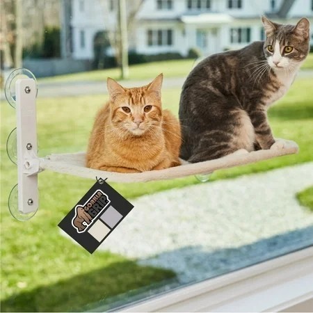 lot 12140 image: GORILLA GRIP Cat Window Perch, Foldable Indoor Hammock Bed with Washable Cover, Holds 40lbs, Beige