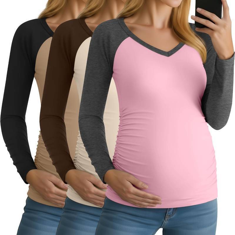 lot 3677 image: 3 Pack Maternity Shirts Long Sleeve V Neck Women Pregnancy Tops Side Ruched Color Block Raglan Baseball Clothes, Medium