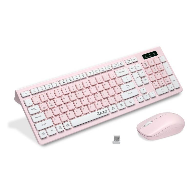 lot 3124 image: Wireless Keyboard and Mouse Combo, Reccazr 2.4G Full-Sized Keyboard and Mouse Cordless, 3 DPI Adjustable Mouse, Dual-System Keyboard for ComputerLaptopWindowsMac (Pink & White)