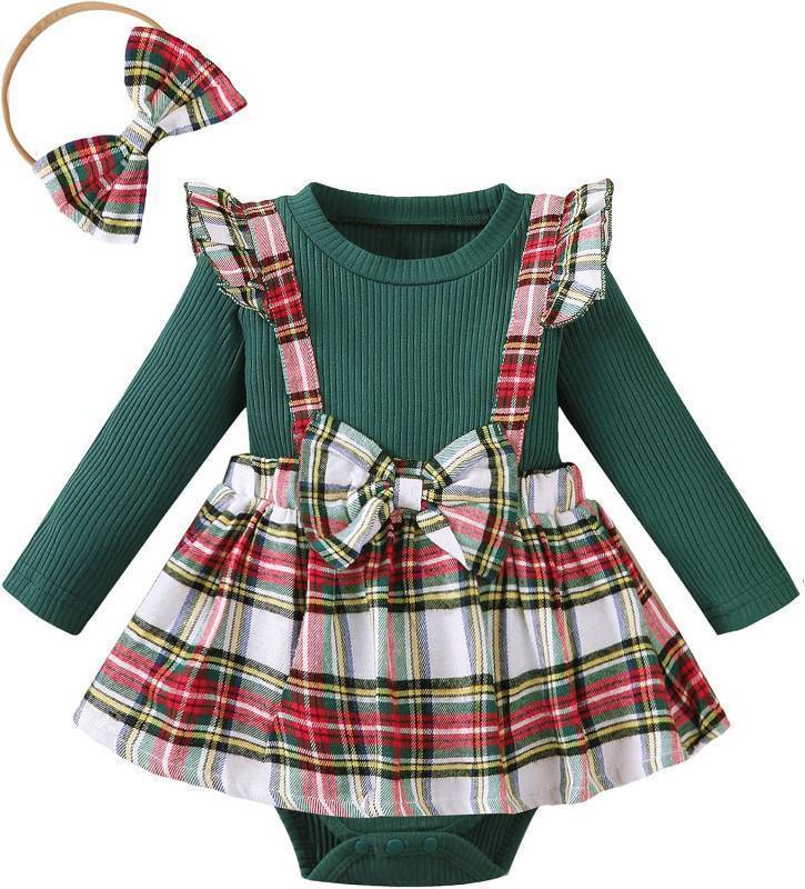 lot 3174 image: Baby Girl Clothes Sets 2 Piece Long Sleeve Top Plaid Romper with Headband Fall Winter Outfit for Infant 9-12 Months