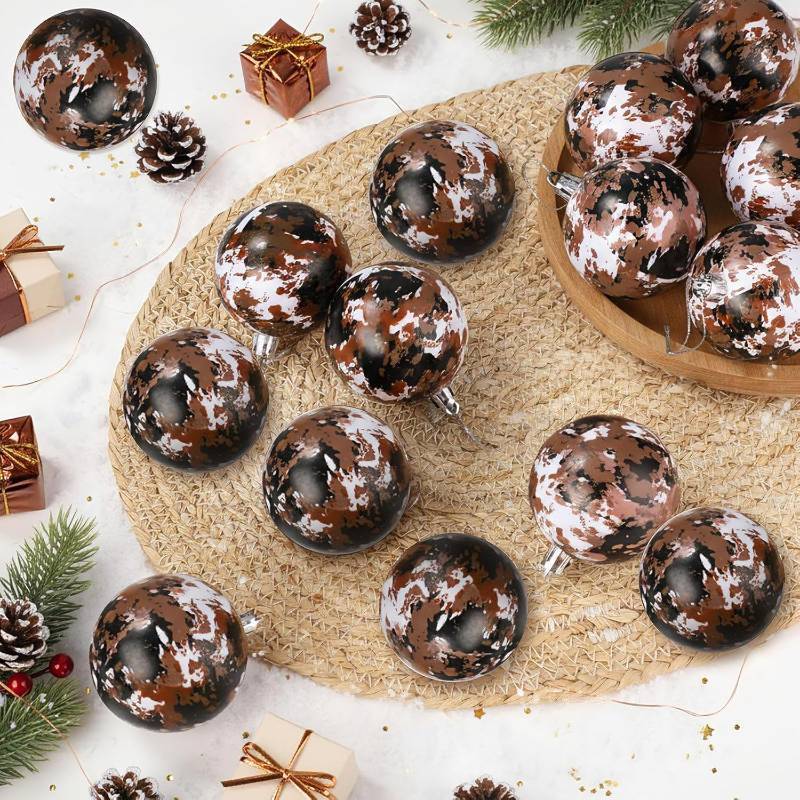 lot 5612 image: 12 Pcs Cow Print Plastic Christmas Ball Decorations, 2.36 Inch Country Western Cow Tree Fireplace Decorations Plastic Cowhide Print Ornaments for Christmas Party Xmas Home