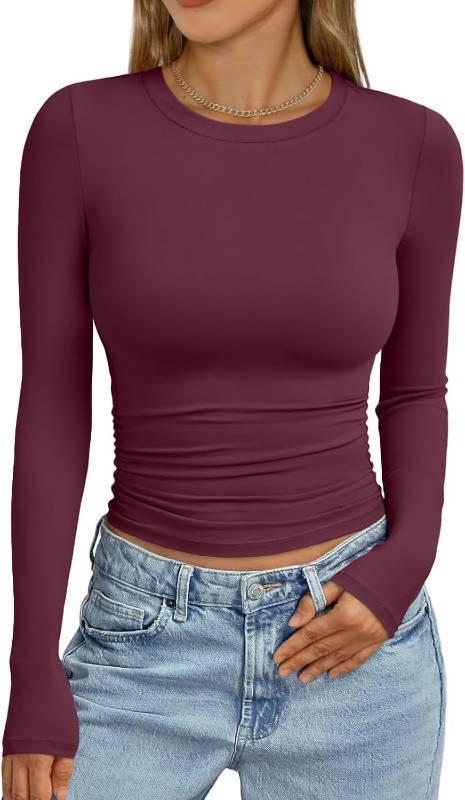 lot 3093 image: Trendy Queen Womens Long Sleeve Shirts Crop Tops Fall Fashion 2026 Going Out Basic Winter Clothes SIZE 2XS