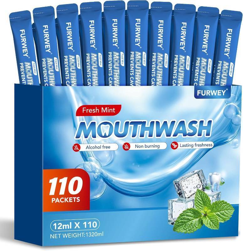 lot 6003 image: Mouthwash, Portable Adult Travel Mouthwash,Free of Alcohol and Fluoride,Help Kill of Bad Breath Germs, Prevents Cavities, Fresh Mint,Disposable Packs (Pack of 110)