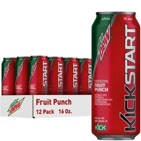 lot 12113 image: Mountain Dew Kickstart Fruit Punch Juice Drink, 12 pack, 16 fl oz cans