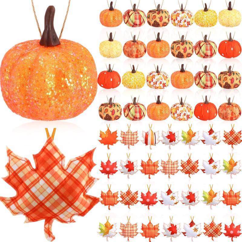 lot 12501 image: 51 Pcs Fall Ornaments for Tree Thanksgiving 3D Pumpkin Felt Maple Leaf Hanging Ornaments Fall Tree Decoration for Home Farmhouse Harvest Autumn Decoration