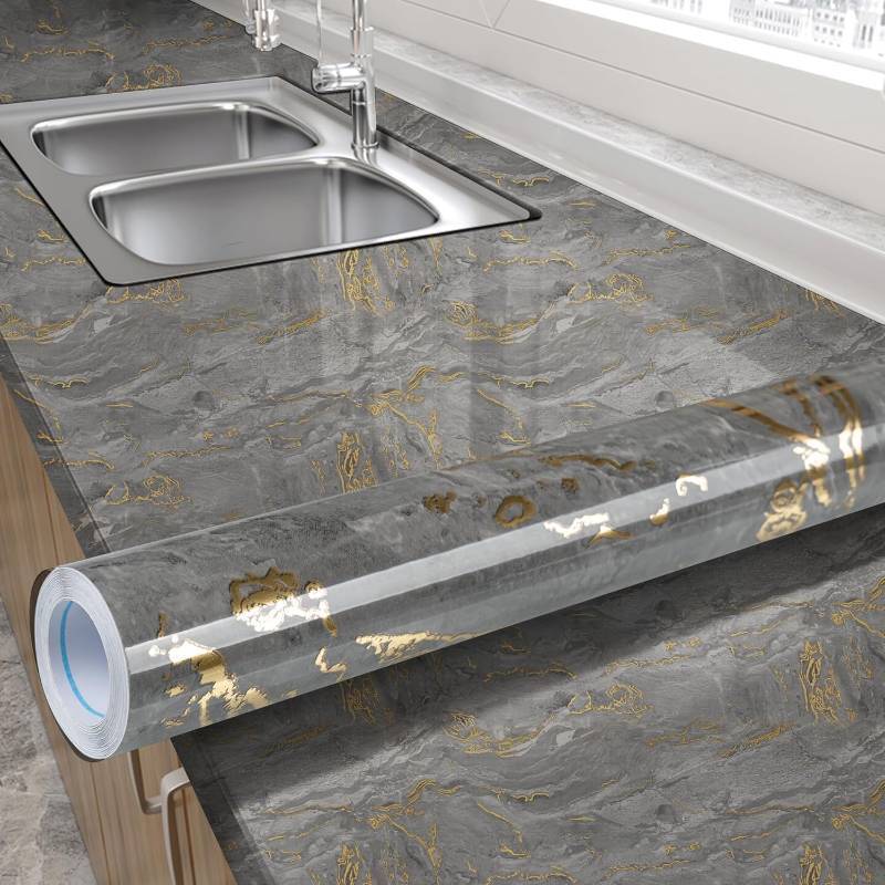 lot 2857 image: Marble Contact Paper Peel and Stick for Kitchen Countertop, Gray and Gold Wallpaper Removable Self Adhesive Vinyl Waterproof Roll 15.7 393.7 for Cabinets Countertops Wall Covering Easy to Clean