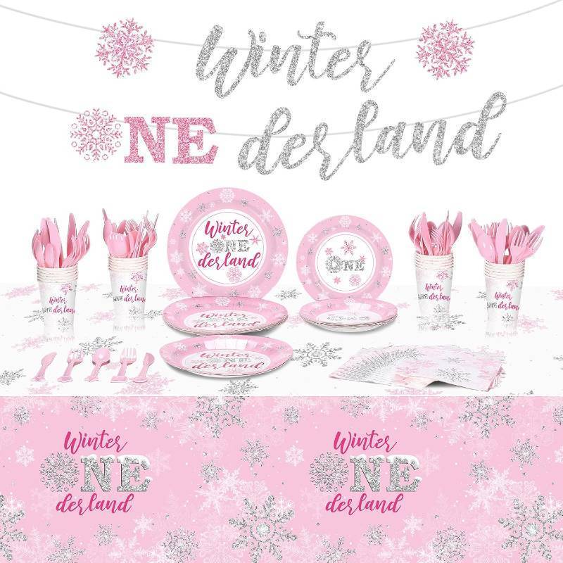 lot 2954 image: Tiamon 172 Pcs Winter Onederland Party Supply, Girls 1st Birthday Banner Pink and Silver Snowflake Tablecloth Winter Snowflake Plate Napkin Cup Tableware Set for Girl First Birthday Party Supply Decor