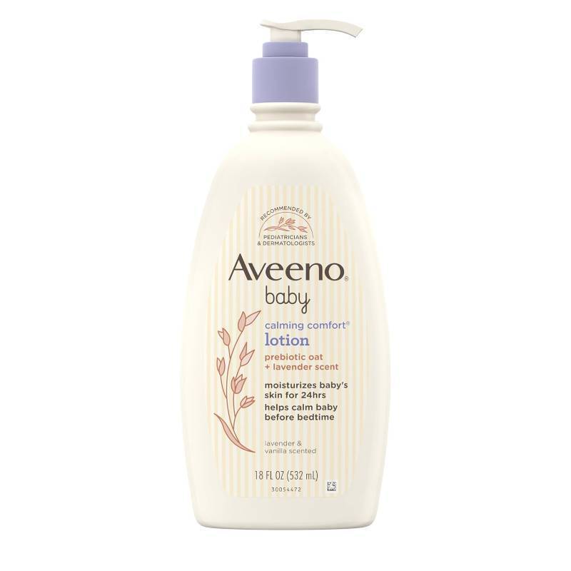 lot 2705 image: Aveeno Baby Calming Comfort Moisturizing Body Lotion with Relaxing Lavender & Vanilla Scents, Non-Greasy Baby Lotion, Nourishing Prebiotic Oatmeal, Paraben- & Phthalate-Free, 18 fl. oz
