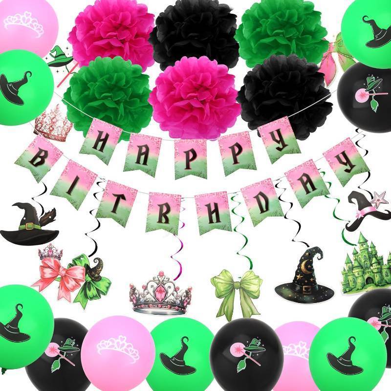 lot 12147 image: CAVETEE Pink and Green Party Decorations Set Witch and Princess Happy Birthday Balloons, Pom Poms, Happy Birthday Banner, Hanging Swirls for Birthday Party