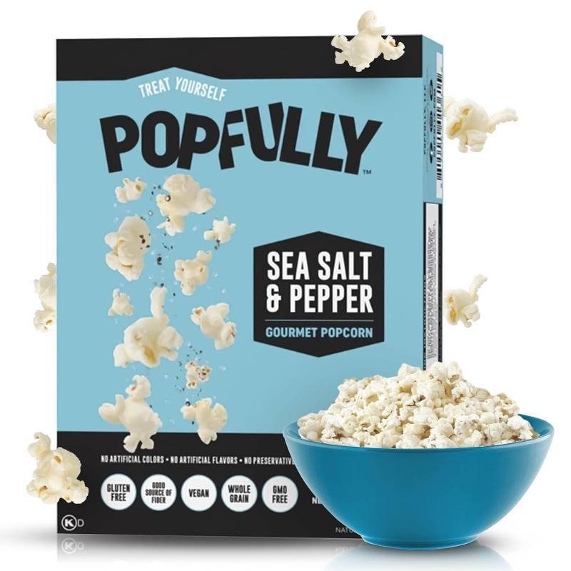 lot 3217 image: POPFULLY Sea Salt & Pepper Popcorn, Sharing Bags, Savory Flavor, Big Pop, Micro Popcorn Bags - 3-Pack