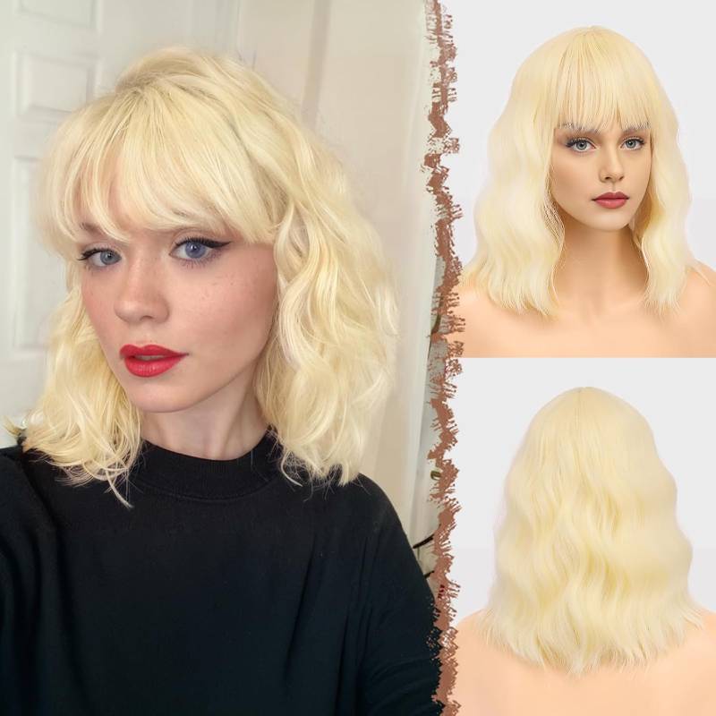 lot 6058 image: FESHFEN Bob Wig with Bangs, Shoulder Length Wavy Synthetic Light Blonde Short Hair Wig for Women Party Daily, 14 inch, Green