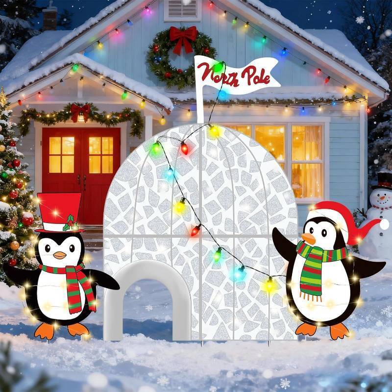 lot 8626 image: 5 Pcs Winter North Pole Decorations, 31.4 x 46.4 in Lighted 2D Ice House Cardboard Cutout with 2 Penguins Stand and Lights Strings for Yard Garden Lawn Indoor Outdoor