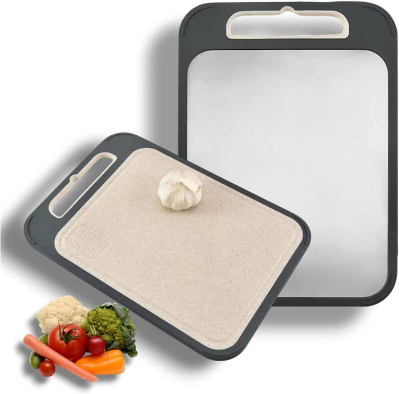 lot 2842 image: Double-Sided Stainless Steel Cutting Board (14x10In)   Metal Chopping Board for Kitchen, Easy to Clean, Dishwasher Safe, Durable & Hygienic