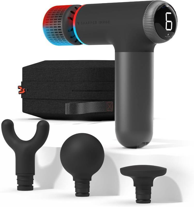 lot 2721 image: Sharper Image  Powerboost  Pro Hot & Cold Compact Deep Tissue Massage Gun - 6 Speed, 4 Attachments, Travel Case Soothing Heat & Cold Therapy Portable Lightweight Full Body Shoulder & Back Massager
