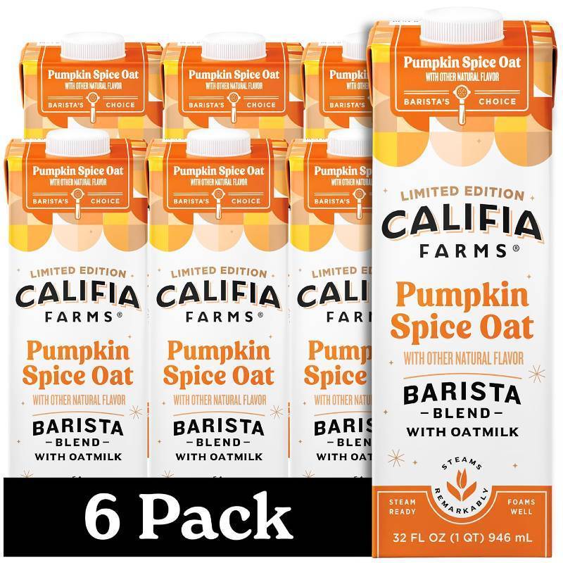 lot 2959 image: Califia Farms - Pumpkin Spice Oat Barista Blend Oat Milk, 32 Oz (Pack of 6), Shelf Stable, Dairy Free, Plant Based, Vegan, Gluten Free, Non GMO, High Calcium, Milk Frother, Creamer, Oatmilk