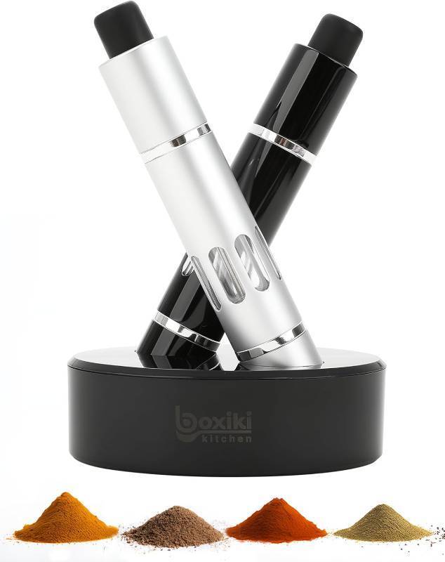 lot 2753 image: Salt & Pepper Crusher Set with Stand   One-Handed Thumb Press Grinder, Portable Spice Crusher for Kitchen, Dining & Travel   Easy to Use Manual Seasoning Grinder for Fresh Ground Pepper, Sea Salt
