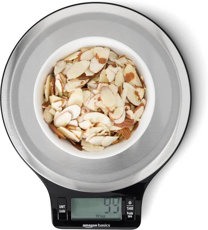 lot 2931 image: Amazon Basics Digital Kitchen Scale with LCD Display, Tare Function, Multiple Units, Weighs up to 11 Pounds, Batteries Included, Black and Stainless Steel